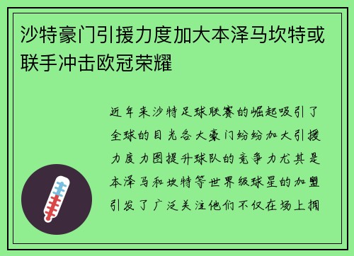 沙特豪门引援力度加大本泽马坎特或联手冲击欧冠荣耀
