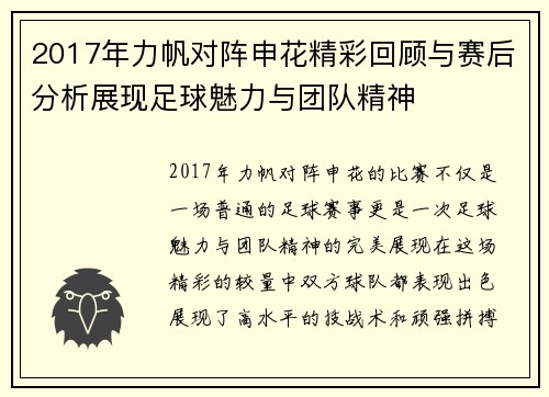 2017年力帆对阵申花精彩回顾与赛后分析展现足球魅力与团队精神