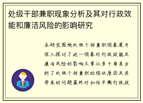 处级干部兼职现象分析及其对行政效能和廉洁风险的影响研究