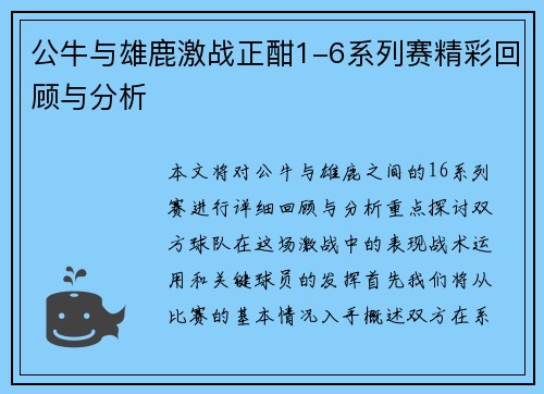 公牛与雄鹿激战正酣1-6系列赛精彩回顾与分析