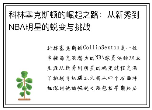 科林塞克斯顿的崛起之路：从新秀到NBA明星的蜕变与挑战