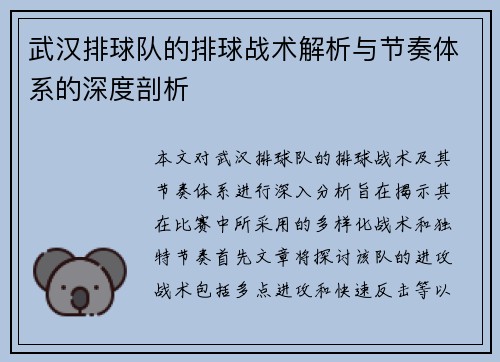 武汉排球队的排球战术解析与节奏体系的深度剖析