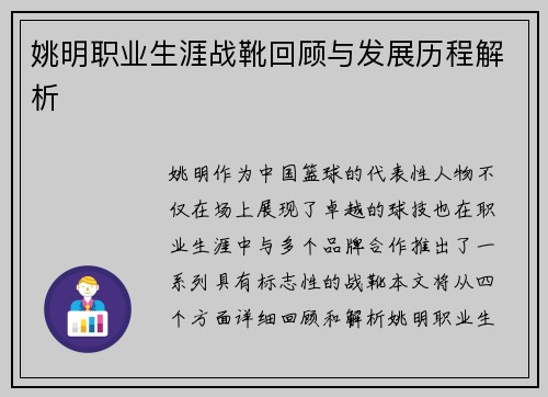 姚明职业生涯战靴回顾与发展历程解析