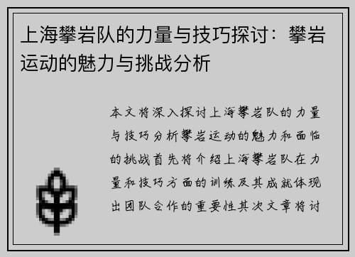 上海攀岩队的力量与技巧探讨：攀岩运动的魅力与挑战分析