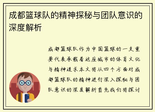 成都篮球队的精神探秘与团队意识的深度解析