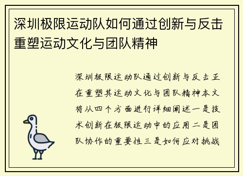 深圳极限运动队如何通过创新与反击重塑运动文化与团队精神