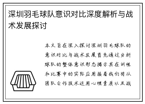 深圳羽毛球队意识对比深度解析与战术发展探讨